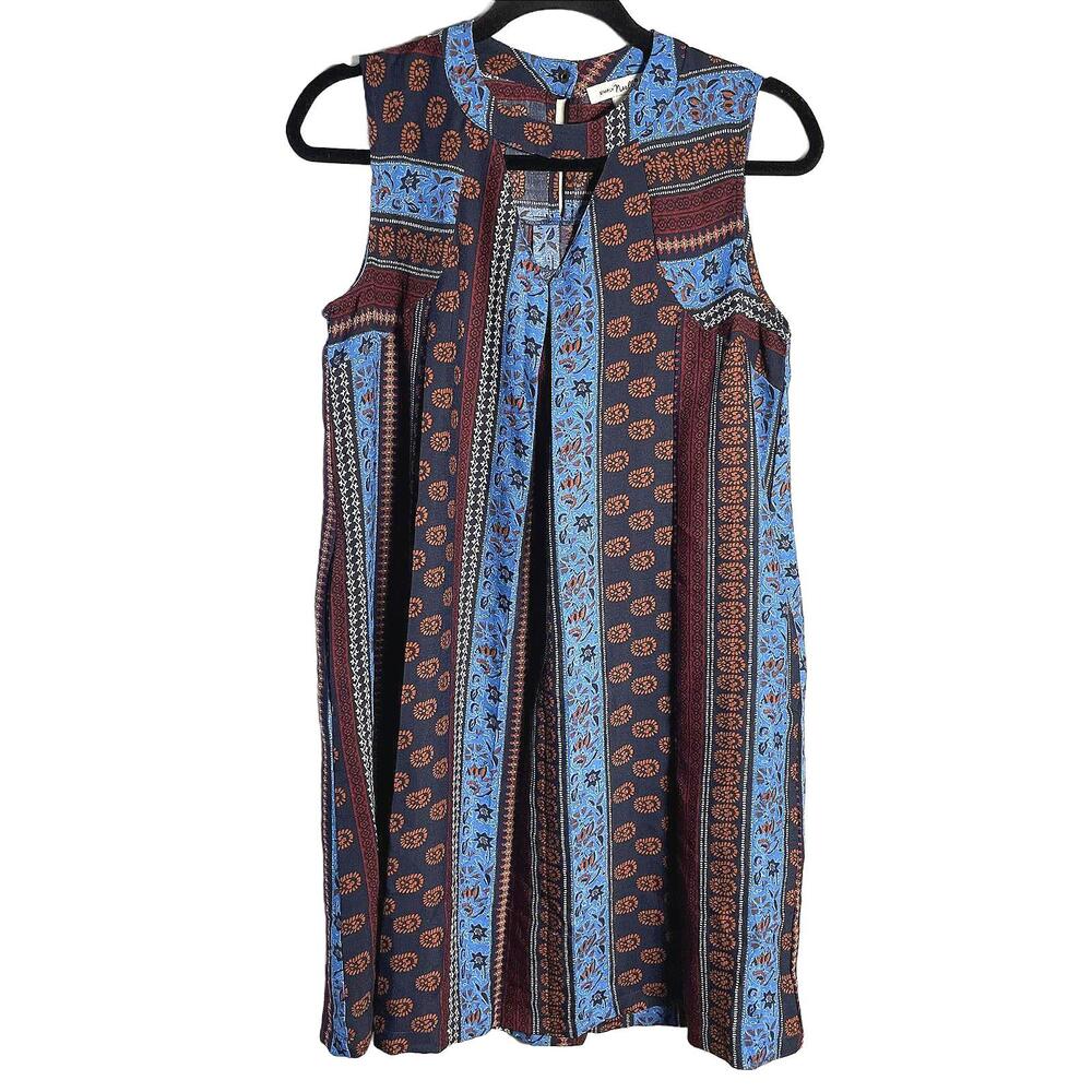 70's Style Blue & Brown Boho Indie Sleeveless Midi Dress w/ Pockets Size S